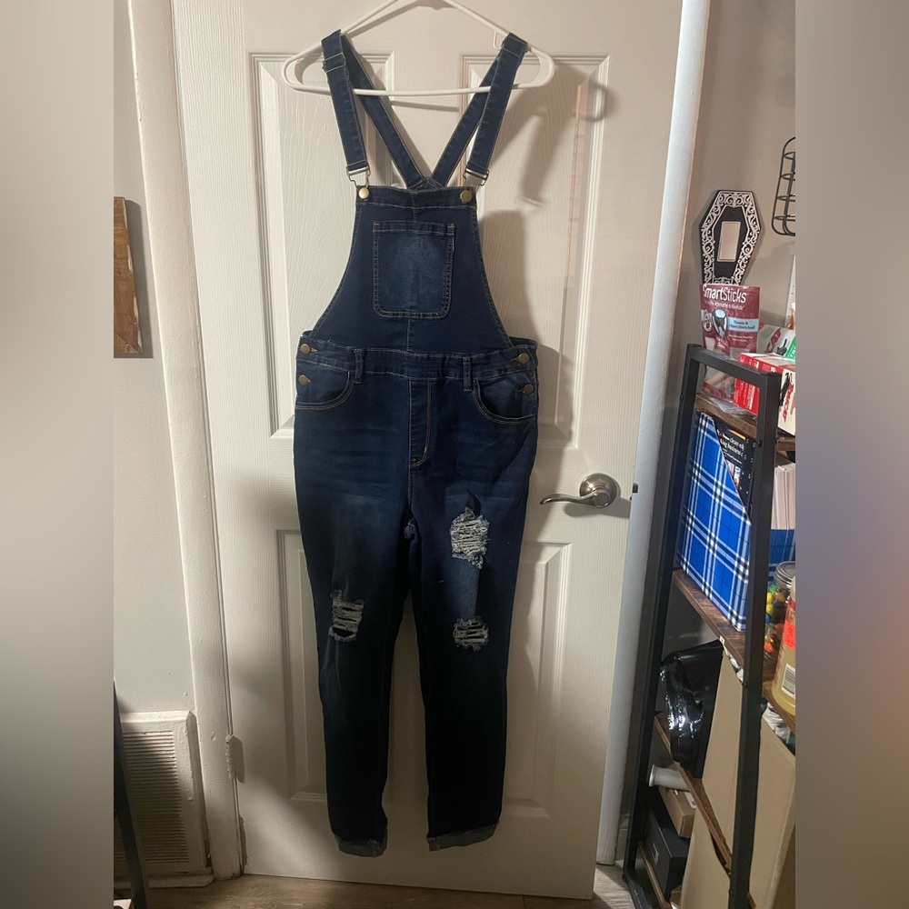 SHEIN Dark Blue Distressed Denim Overalls
